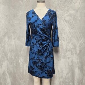 Alya Women Blue Black Velvet Floral Dress Medium 3/4 Sleeve Ruched Dark Academia